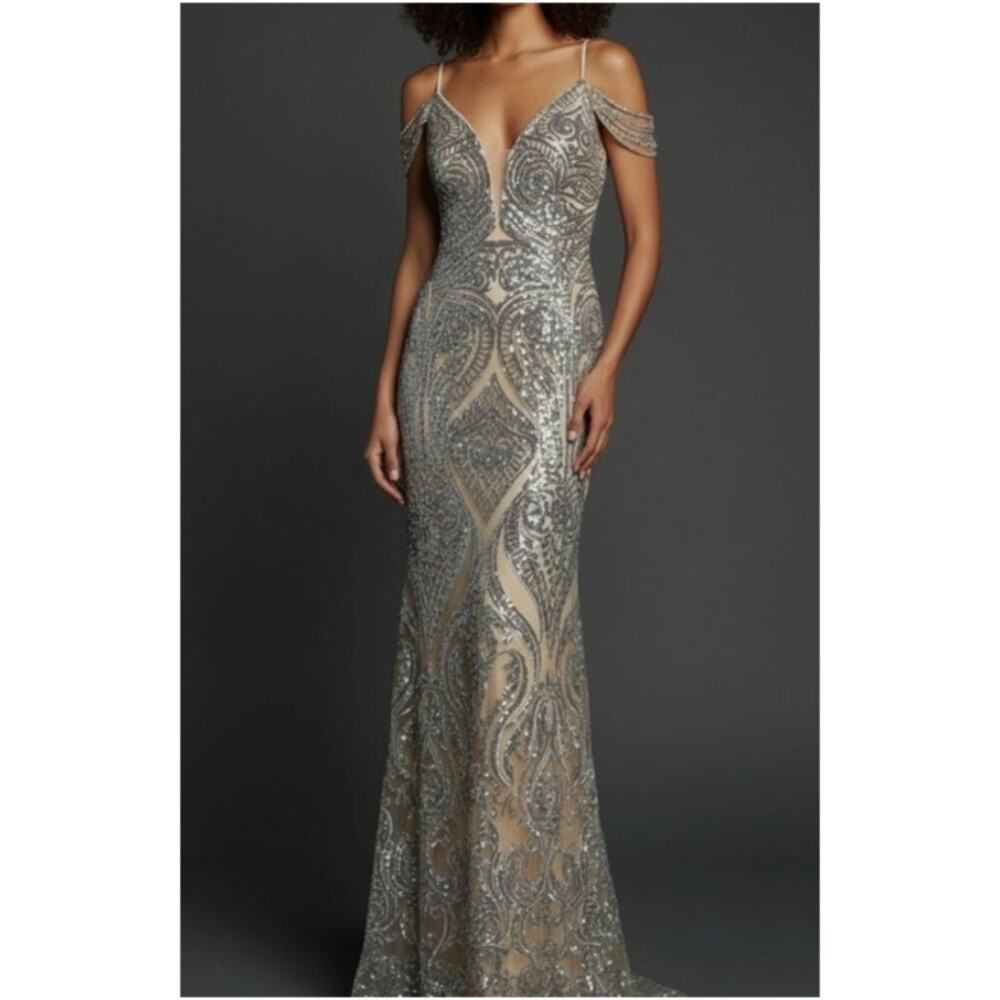 JVN by Jovani B121 Gown Dress Women Sz 12 Silver Nude Mermaid Formal Elegant NWT